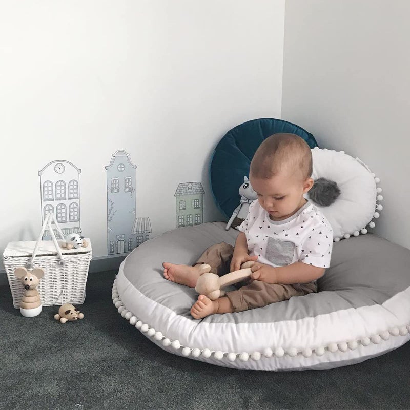 Kishome Large Kids Floor Cushion Seating, Circle Kids Floor Pillow for Children, Round Playroom Pillows Reading Nook Big Pillow, Oversized Pillow Mat for Kid Seating Teepee Nursery Canopy, Grey - Image 1